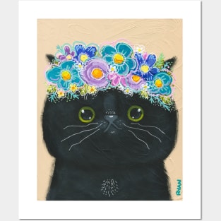 Black Cat With Flower Crown Posters and Art